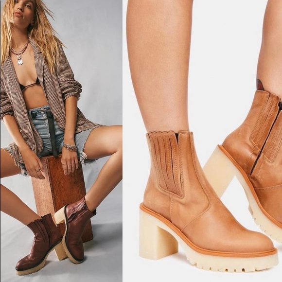 Free People James Chelsea Boot Tan Leather Platform Boots Pull On Style - Picture 14 of 15